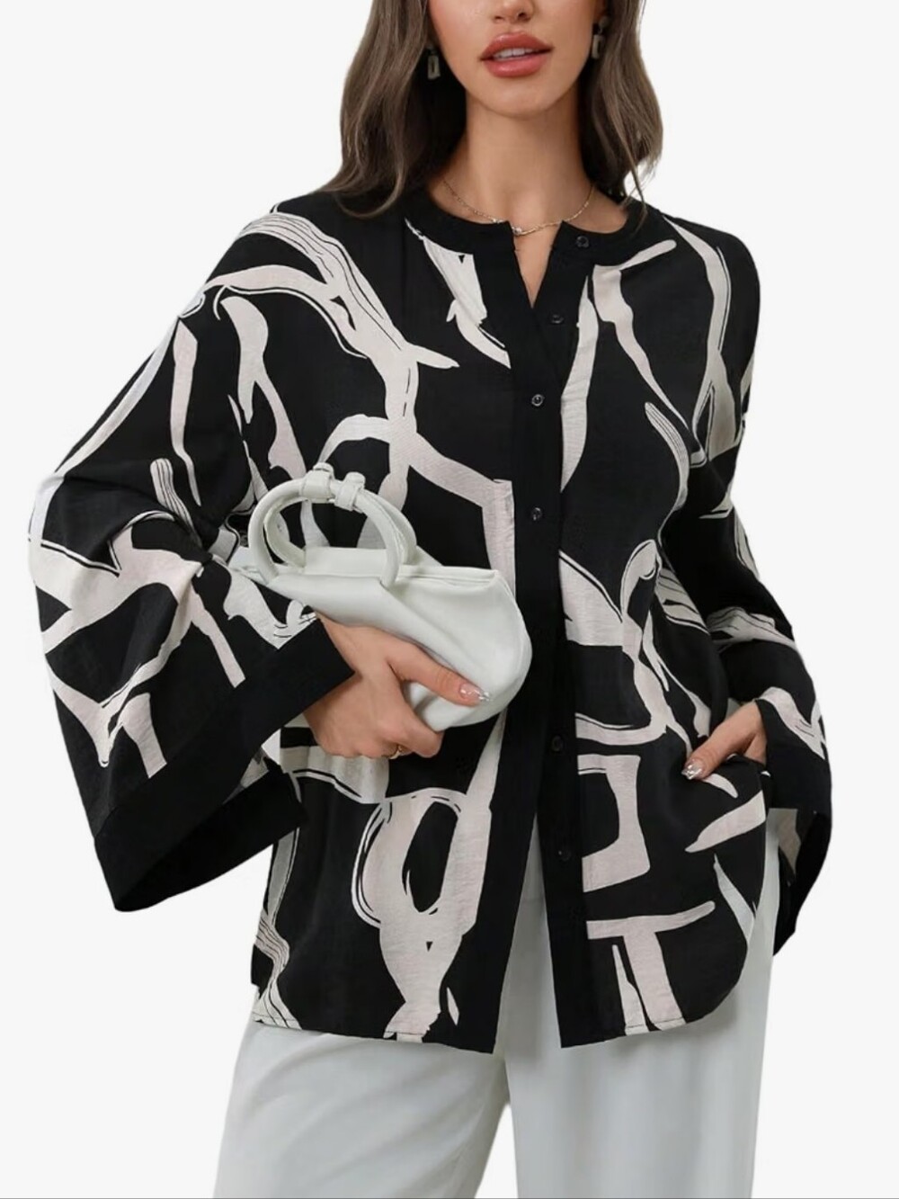 Loose Button Down Shirt Graphic Printed Crewneck Bell Sleeve Blouse Top
